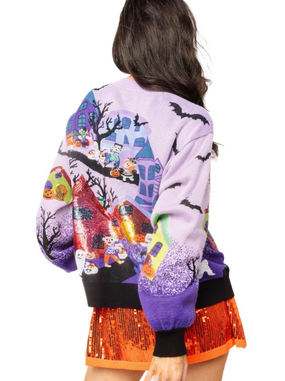 NWT Queen of Sparkles Lavender Multi Trick or Treating Scene Cardigan - Picture 5 of 7